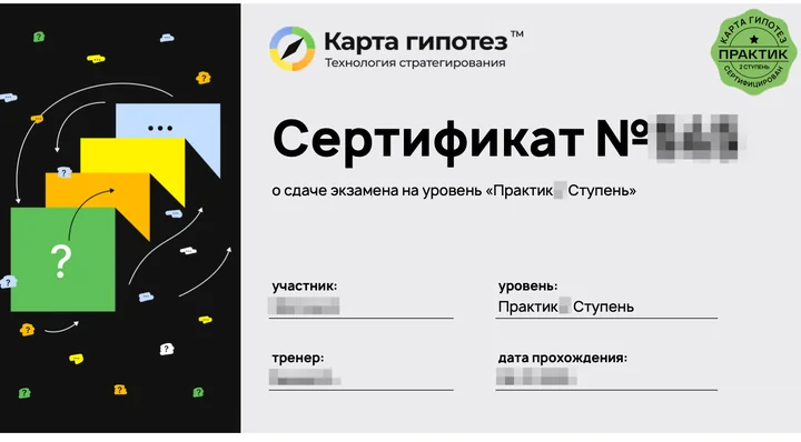 Образец сертификата «Карта гипотез» об успешной сдаче экзамена на уровень «Практик» — выдаётся по итогам обучения
